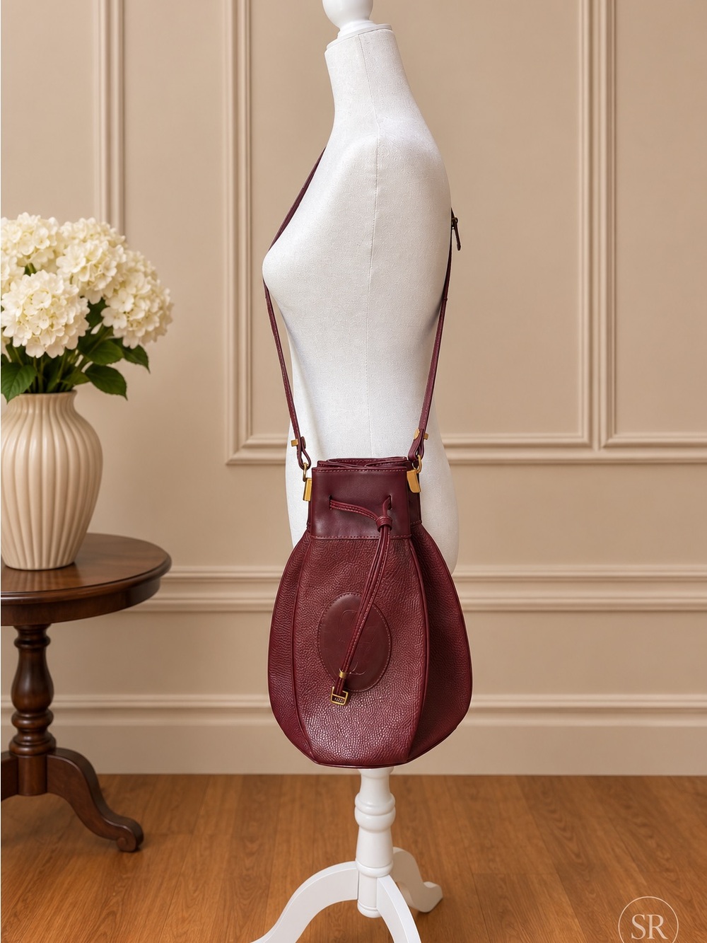 VTG Must de Cartier Sac Seau Bordeaux Leather Bucket Drawstring Shoulder Bag - Picture 4 of 13